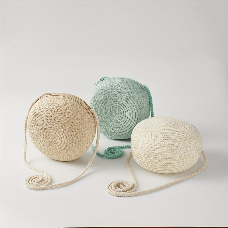 Kids Woven Round Crossbody Bag Straw Coin Purse Travel Shoulder Bag