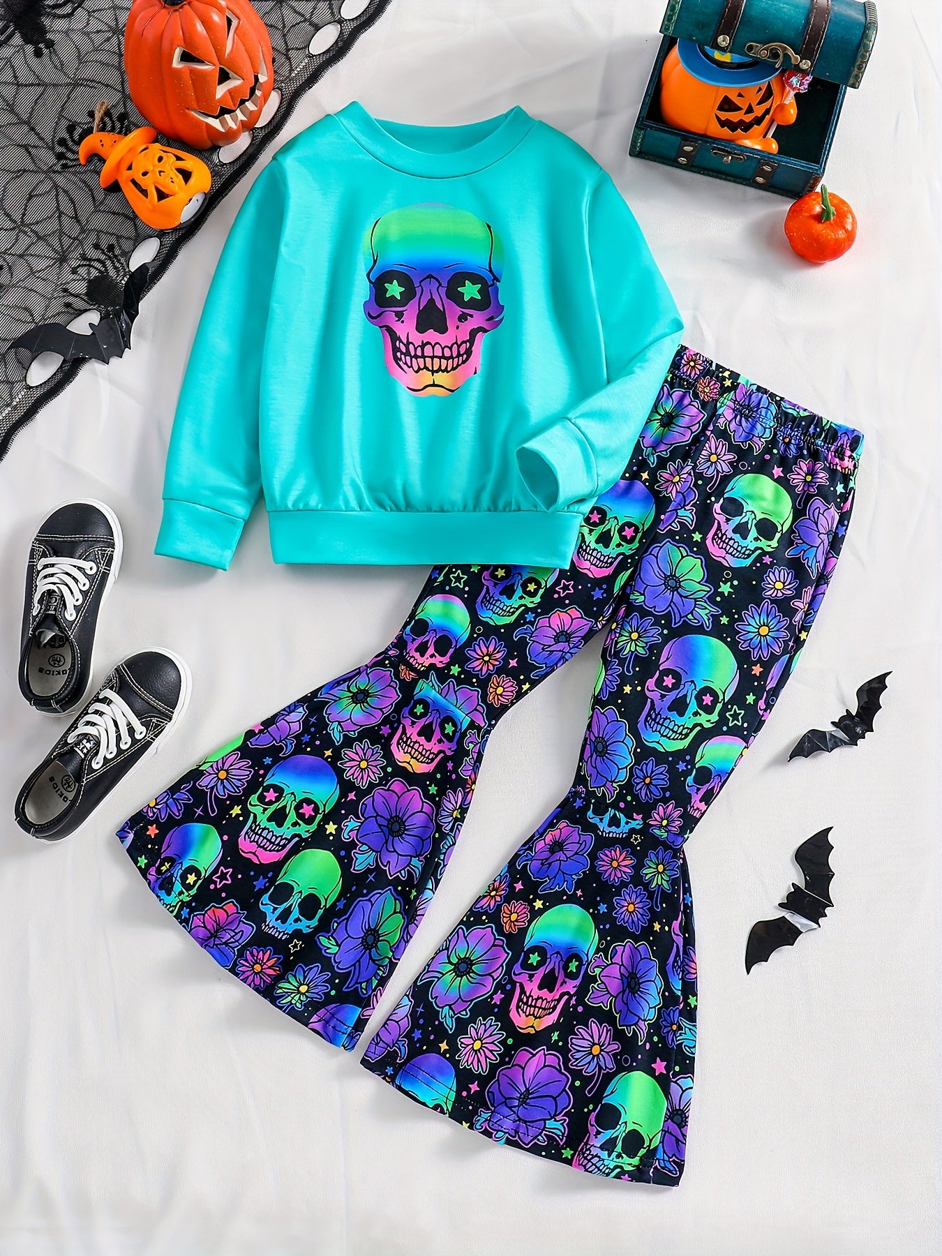 Girl's Skeleton Graphic Outfit 2pcs Set Glow in Dark Kid's Halloween Clothes