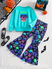 Girl's Skeleton Graphic Outfit 2pcs Set Glow in Dark Kid's Halloween Clothes