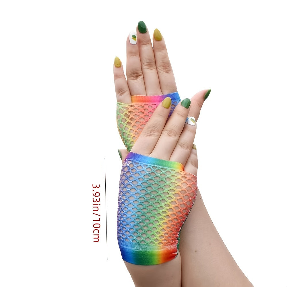 Rainbow Fishnet Party Gloves Punk Half Finger Nightclub Stretch Mesh Hip Hop