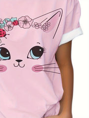 Kids Flower Kitty Graphic Short Sleeve T-shirt for Summer