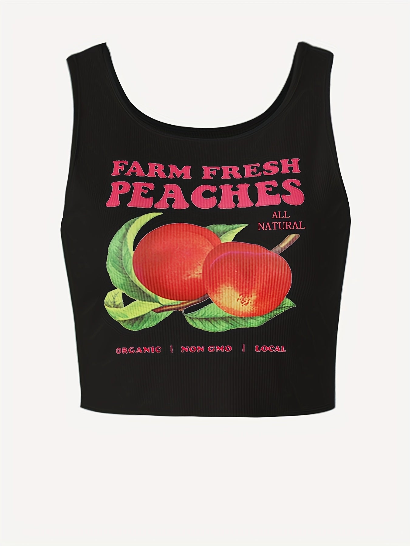 Peach & Letter Print Tank Top Y2K Crew Neck Sleeveless Summer Tank Top