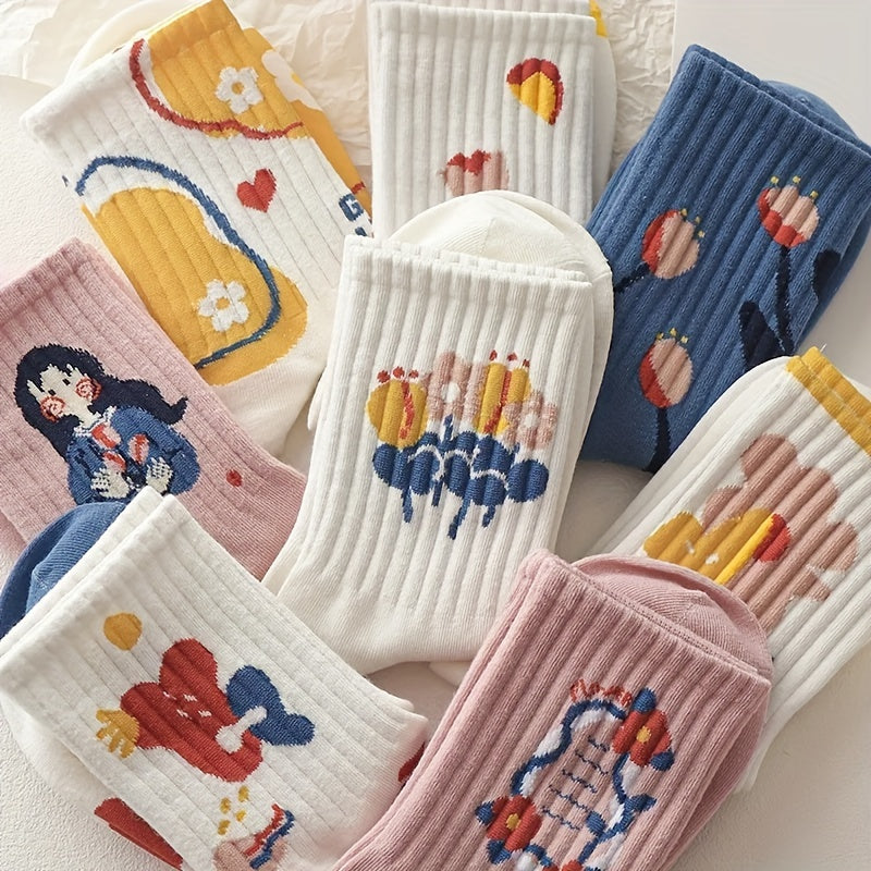 8 Pairs Cartoon Print Mid Tube Socks Women's Stockings