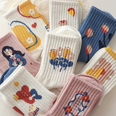 8 Pairs Cartoon Print Mid Tube Socks Women's Stockings