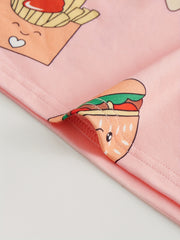 Cartoon Food Print Pajamas Set Top & Shorts & Lounge Pants Women's Sleepwear