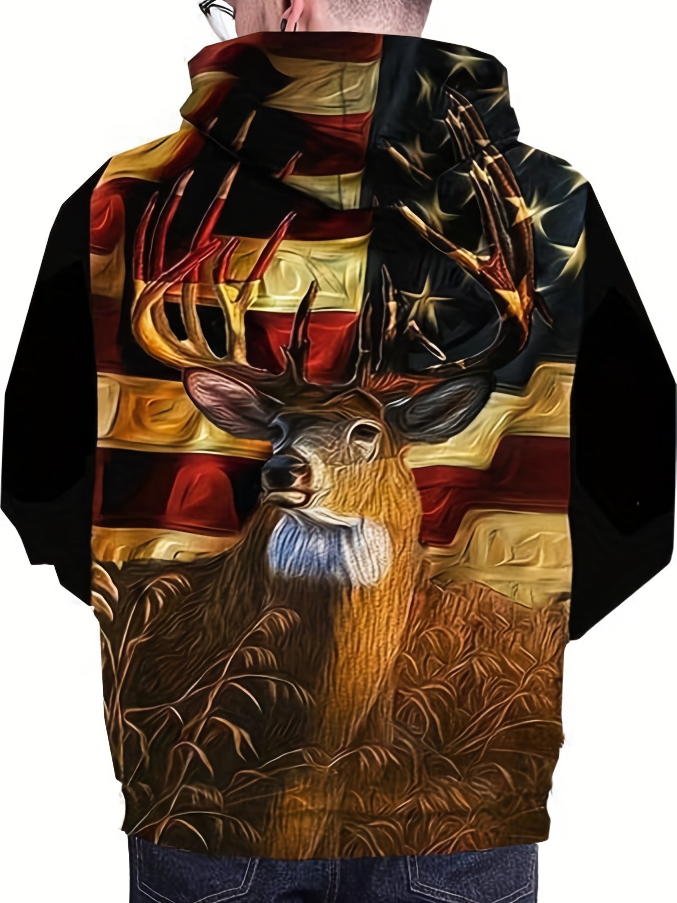 Flag Deer 3D Print Hoodies For Men Graphic Hoodie With Kangaroo Pocket