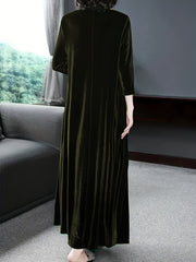 Solid Velvet Long Sleeve Maxi Dress With Pockets