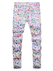 Boys Fluorescent Number Pattern Jeans Skinny Slim Fit Washed Denim Long Pants