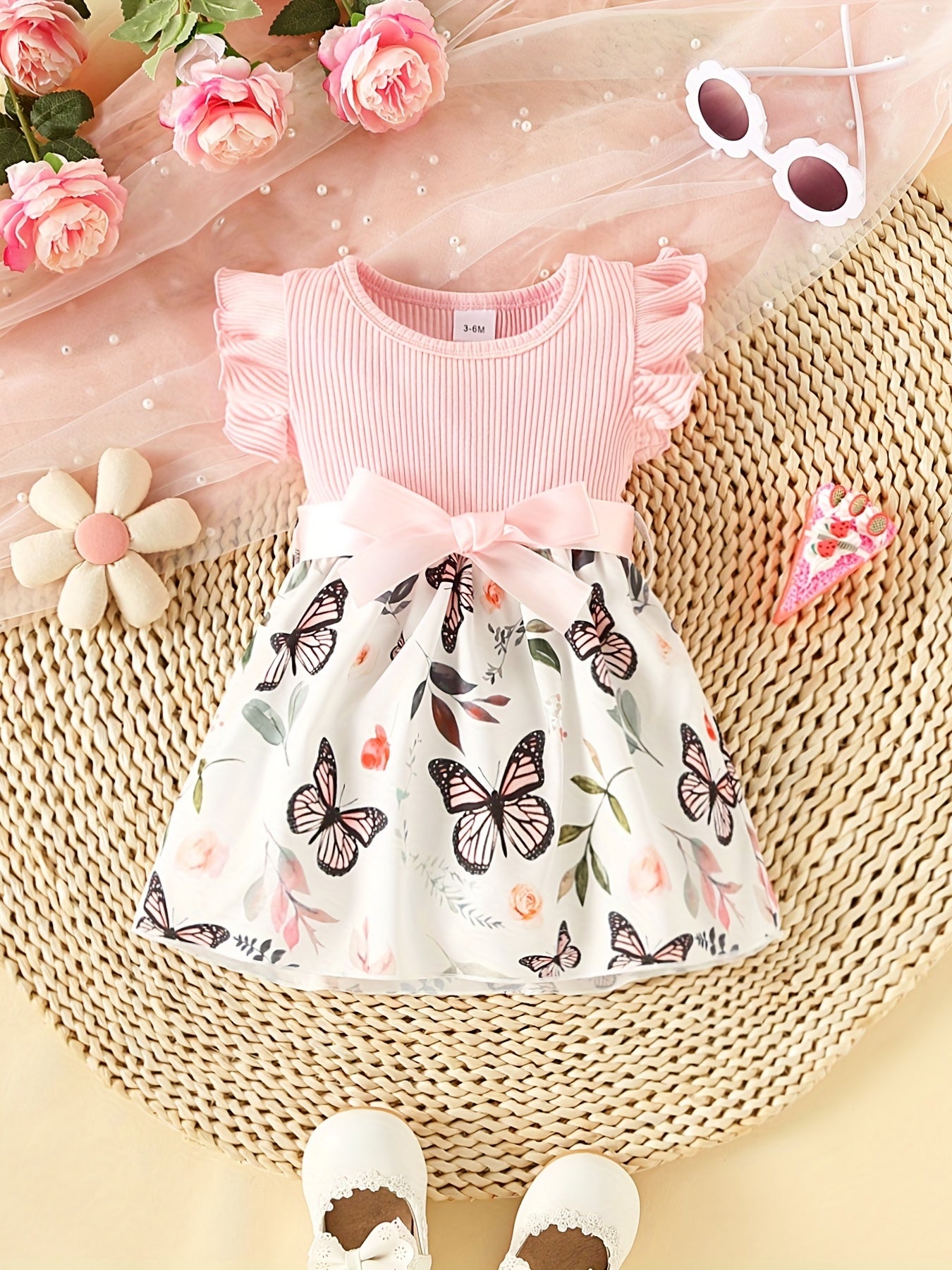 Baby Girls Butterfly Print Ruffle Sleeve Dress Belted Kids Summer Clothes
