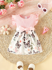 Baby Girls Butterfly Print Ruffle Sleeve Dress Belted Kids Summer Clothes