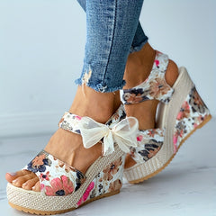 Floral Print Wedge Sandals Peep Toe Platform Shoes Hook & Loop Strap