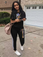 Women's Plus Size Cartoon Print Tee & Striped Joggers Set