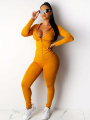 Solid Zip Up Long Sleeve Top And Pants Set