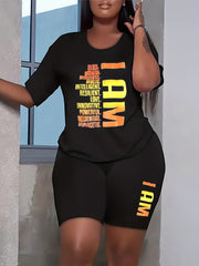 Plus Size Slogan Print Tee & Biker Shorts Set for Women