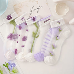 10 Pairs Baby Girls Small Flower Mesh Short Socks Lavender Purple