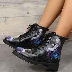 Women's Gothic Ankle Combat Boots Round Toe Lace Up Chunky Heel Short Boots