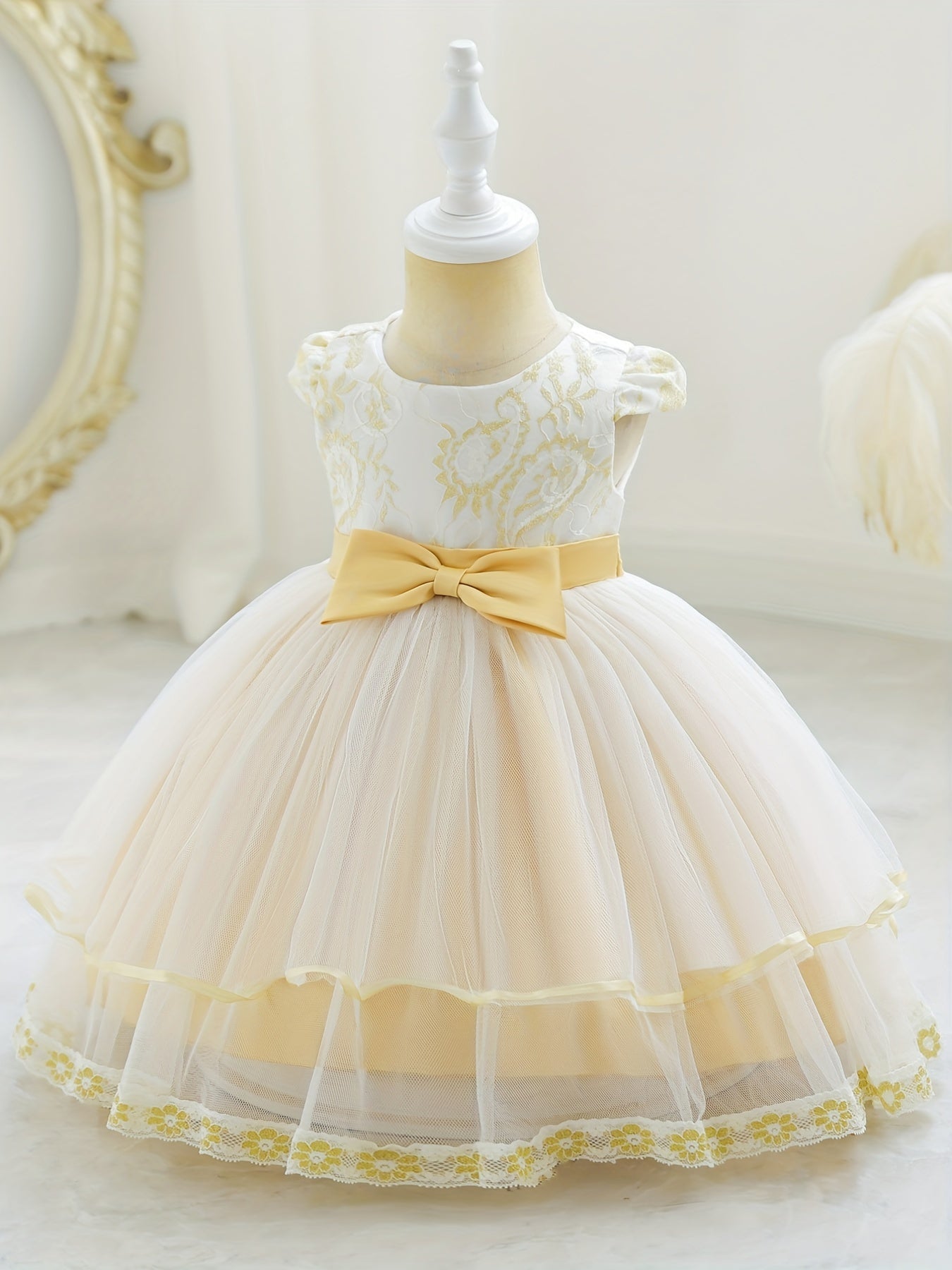 Girls Floral Embroidered Bow Princess Dress Kids Birthday Banquet Mesh Gown