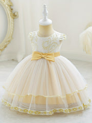 Girls Floral Embroidered Bow Princess Dress Kids Birthday Banquet Mesh Gown