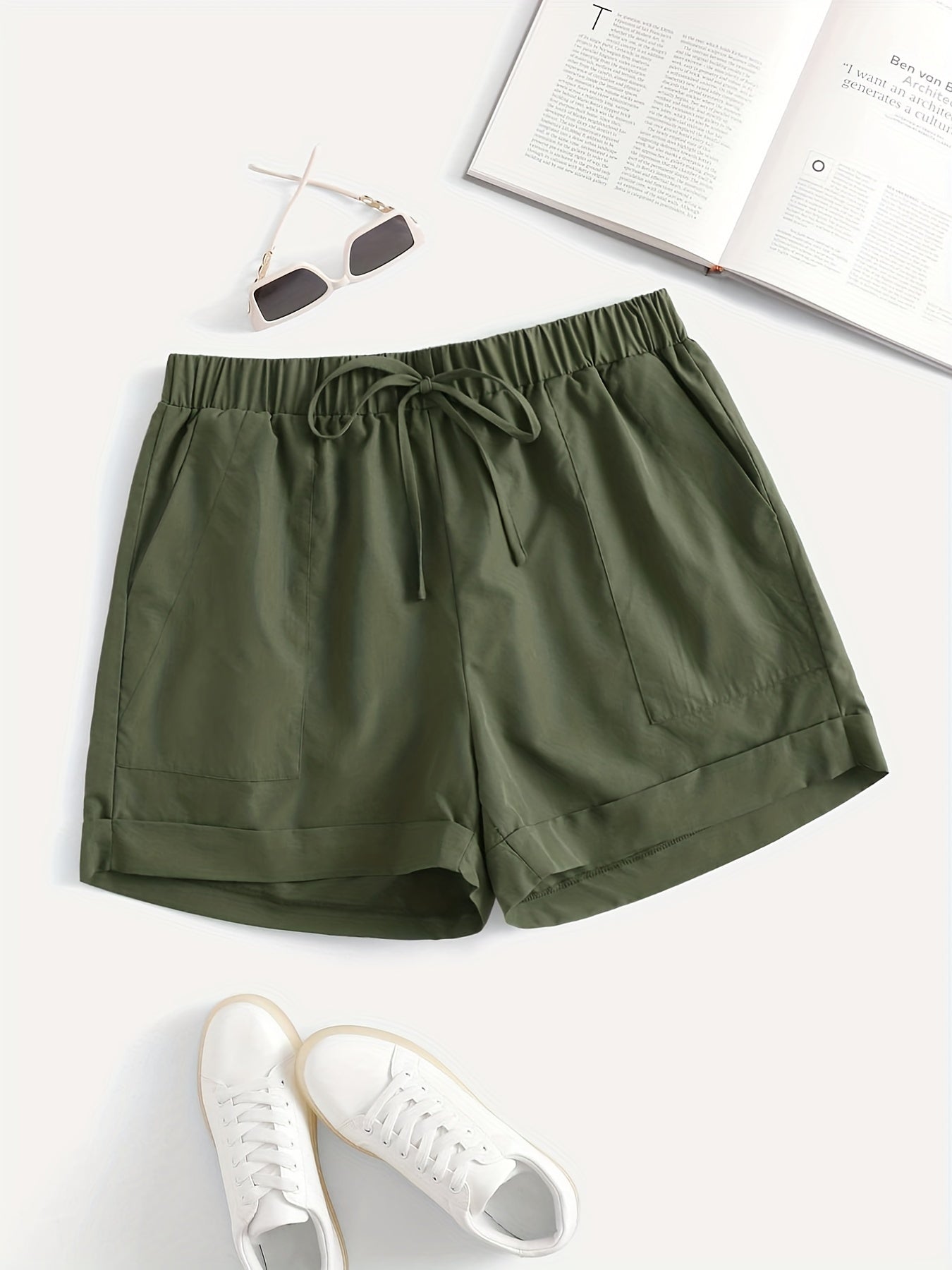 Casual Shorts Women's Plus Solid Elastic Drawstring Shorts