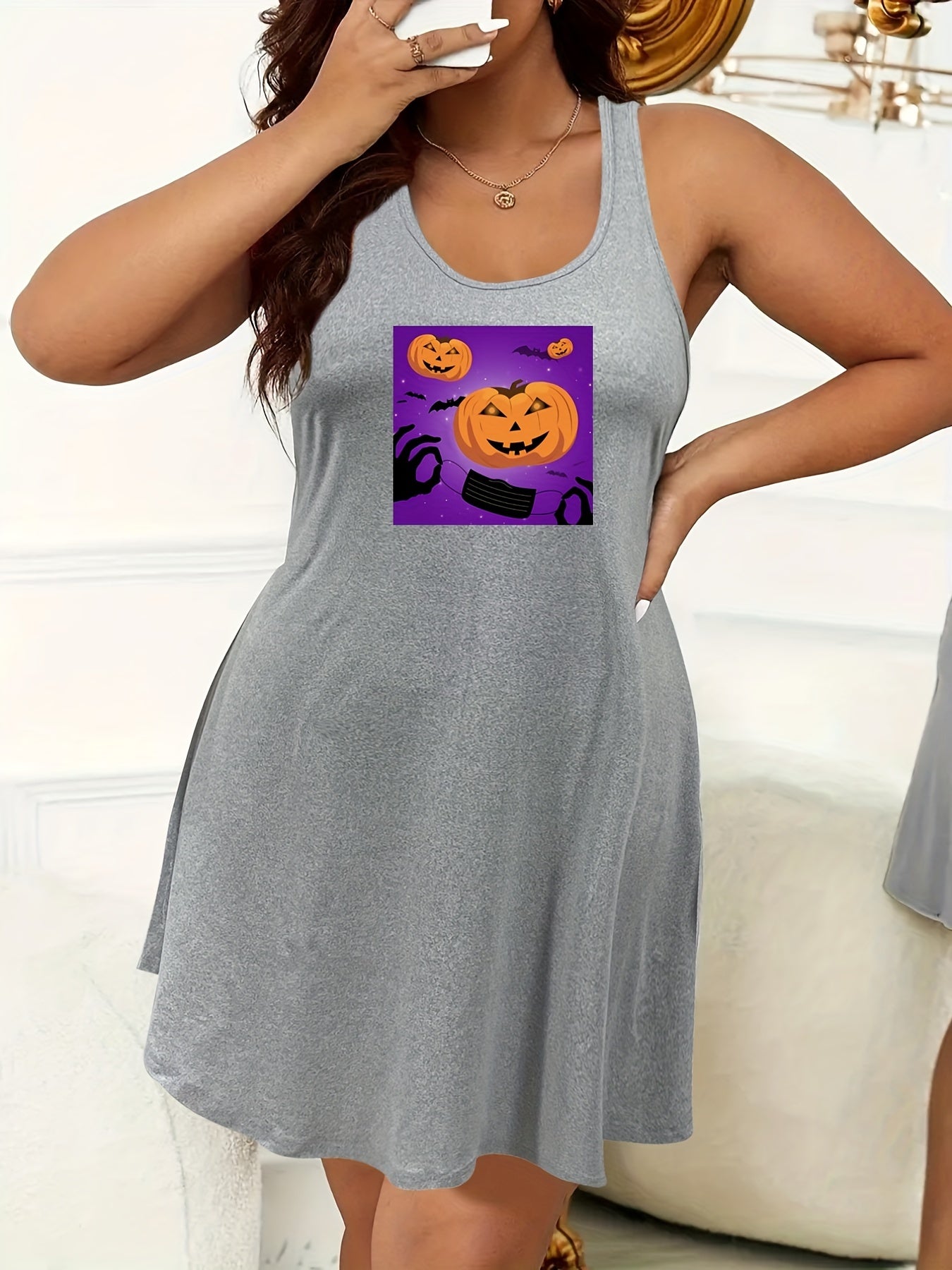 Plus Size Pumpkin Skull Print Tank Sleep Dress