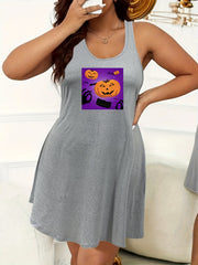 Plus Size Pumpkin Skull Print Tank Sleep Dress
