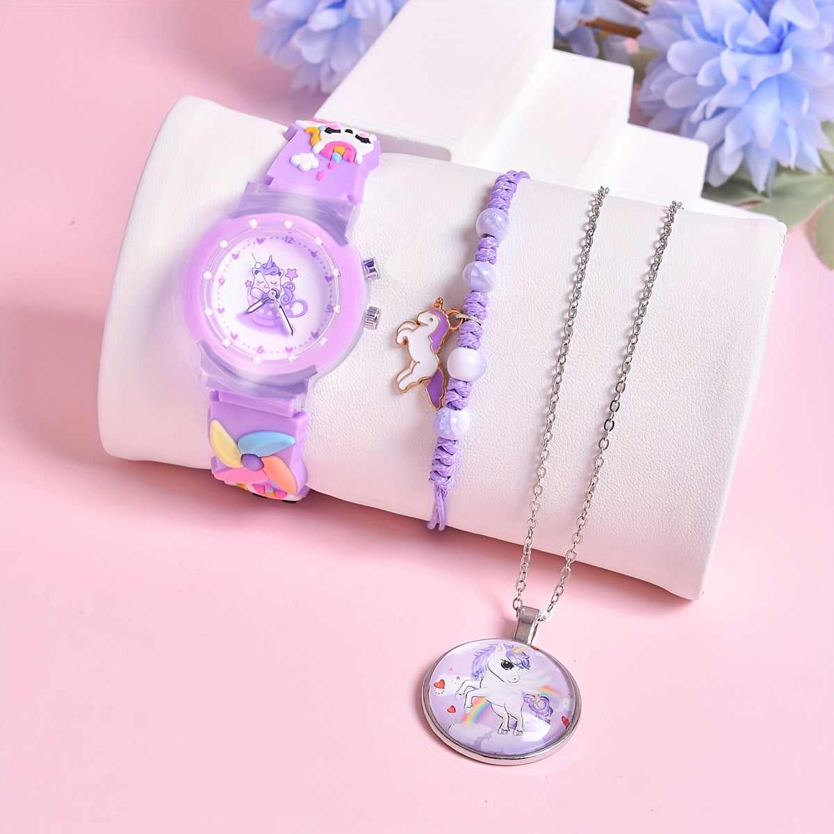 3Pcs Set 3D Silicone Strap Teacup Pony Girls' Quartz Watch