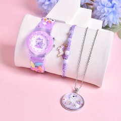 3Pcs Set 3D Silicone Strap Teacup Pony Girls' Quartz Watch
