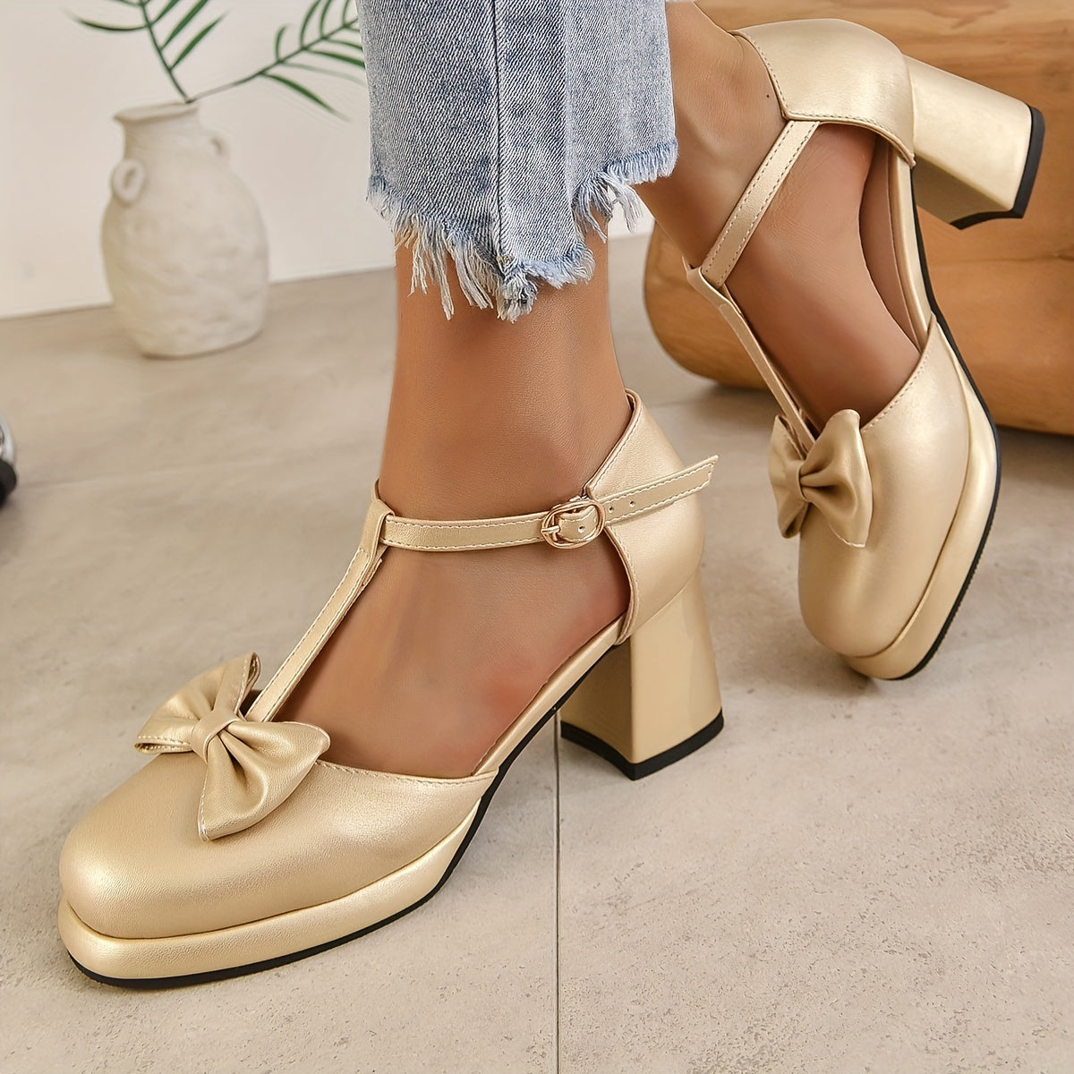 Women's Bowknot Chunky Heel Pumps with Buckle Strap