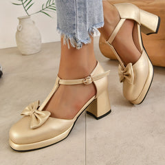 Women's Bowknot Chunky Heel Pumps with Buckle Strap