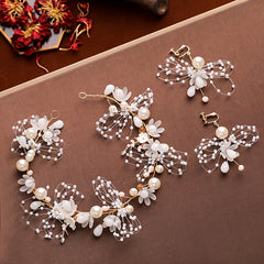 Boho Wedding Bride Pearl Crown Hairband Earrings Set Bridal Jewelry