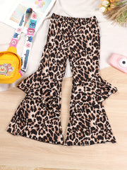 Leopard Print Flare Pants with Ruffle Trim for Girls