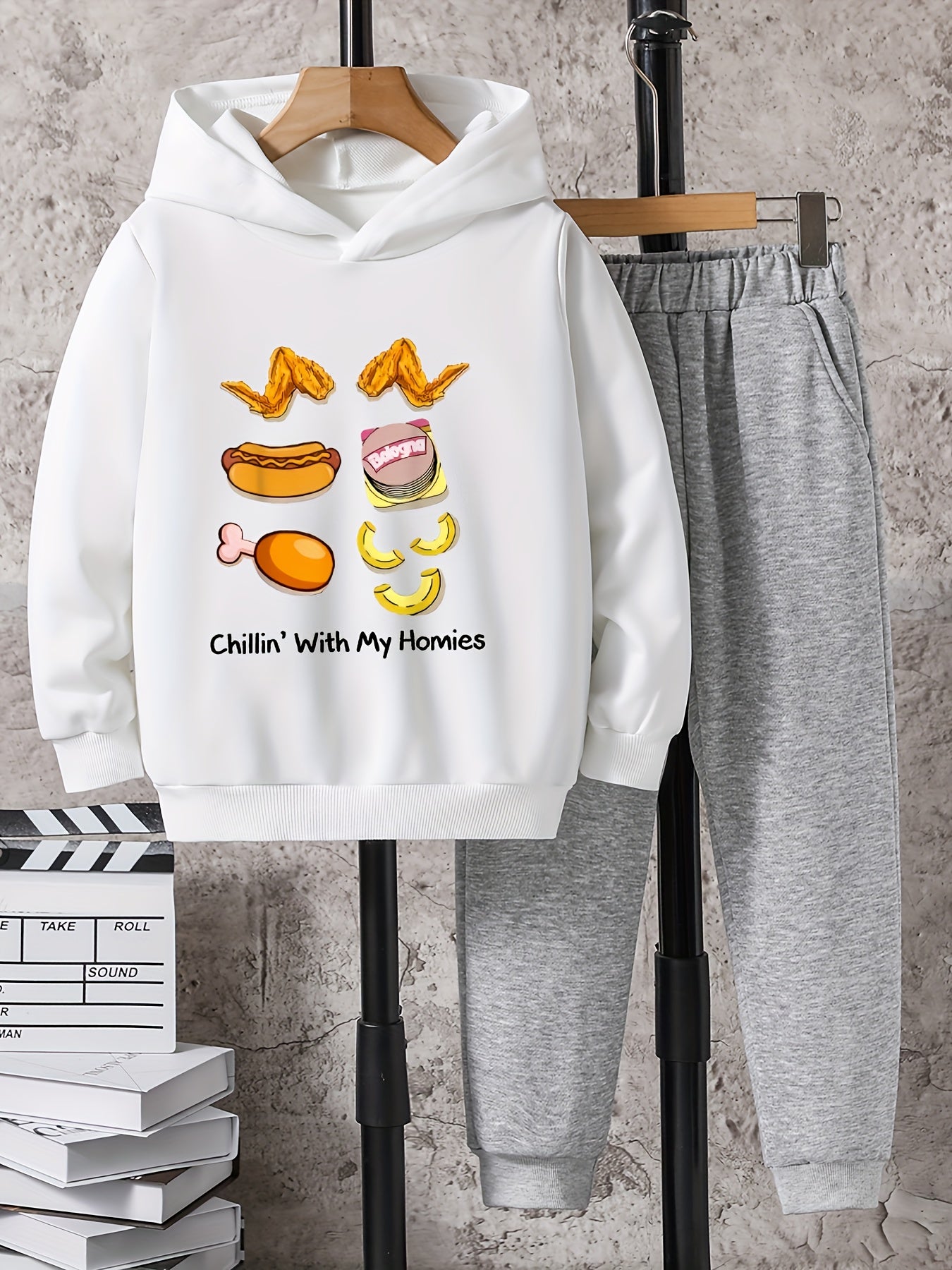 2pcs Food Print Boys Hoodie Kids Casual Long Sleeve Loose Hooded Sweatshirt