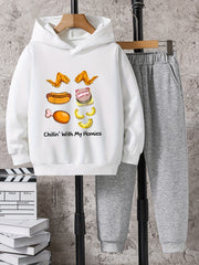 2pcs Food Print Boys Hoodie Kids Casual Long Sleeve Loose Hooded Sweatshirt