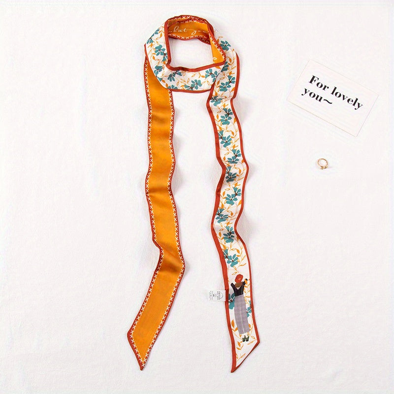 Long Ribbon Scarf Silk Floral Print Skinny Scarf Ribbon Necktie