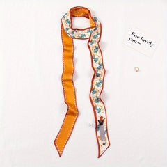 Long Ribbon Scarf Silk Floral Print Skinny Scarf Ribbon Necktie
