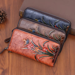 Vintage Leather Wrist Wallet Coffee & Floral Print