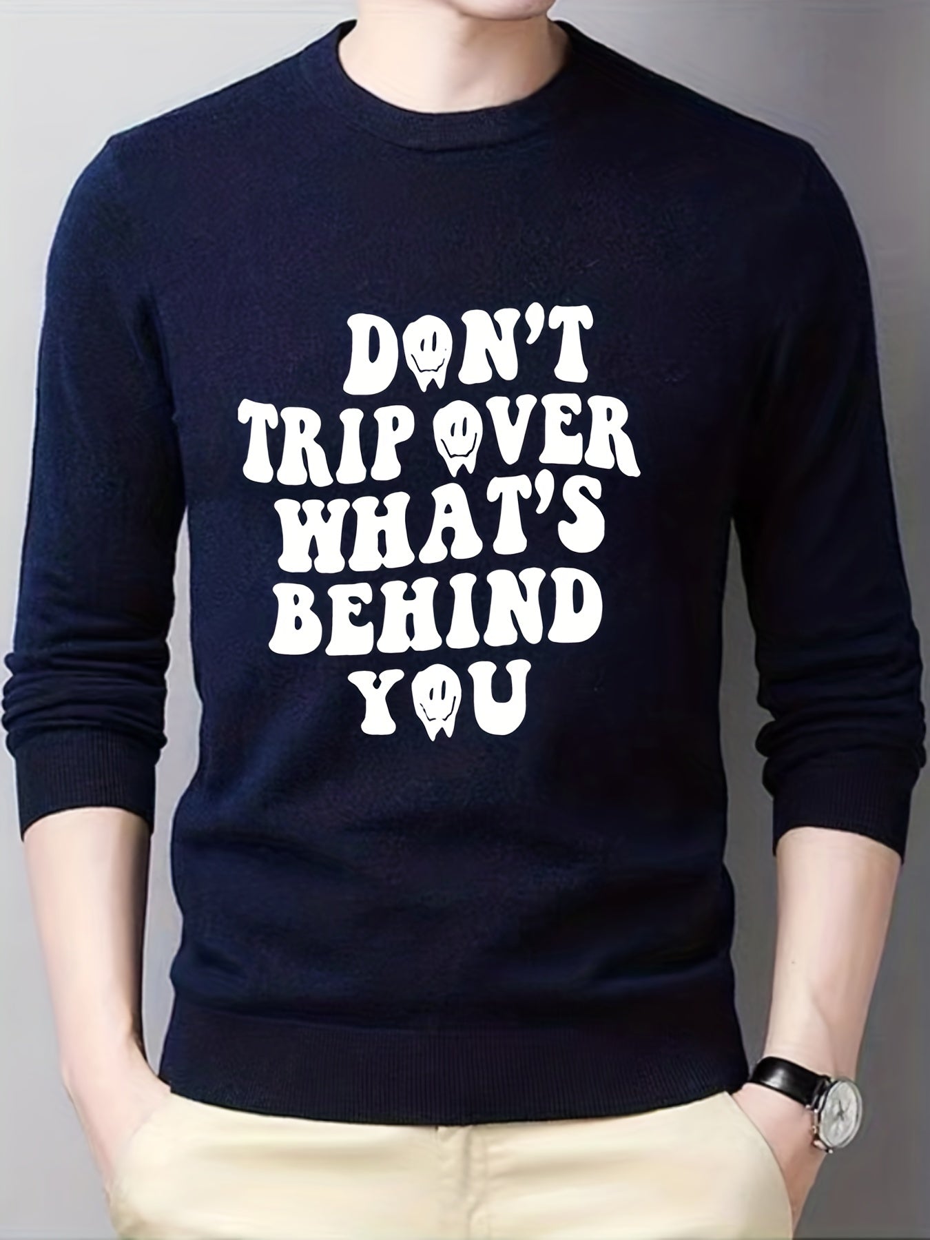 Funny Slogan Knitted Sweater Men's Casual Warm Crew Neck Pullover