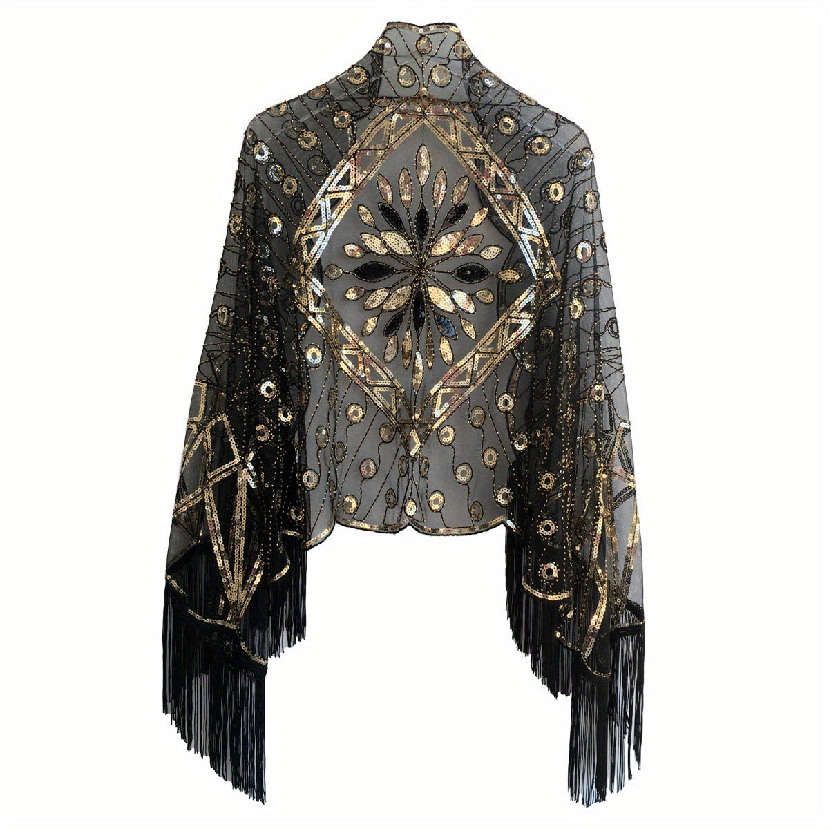 1920s Sequin Beaded Shawl Leaf Embroidery Tassel Cape