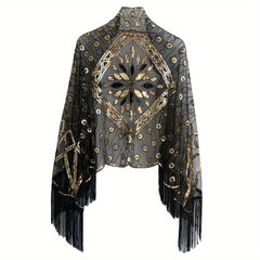 1920s Sequin Beaded Shawl Leaf Embroidery Tassel Cape