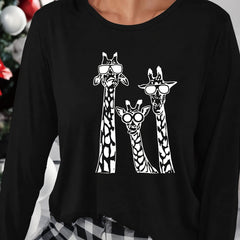 Giraffes Print Lounge Tops Long Sleeve Crew Neck Top