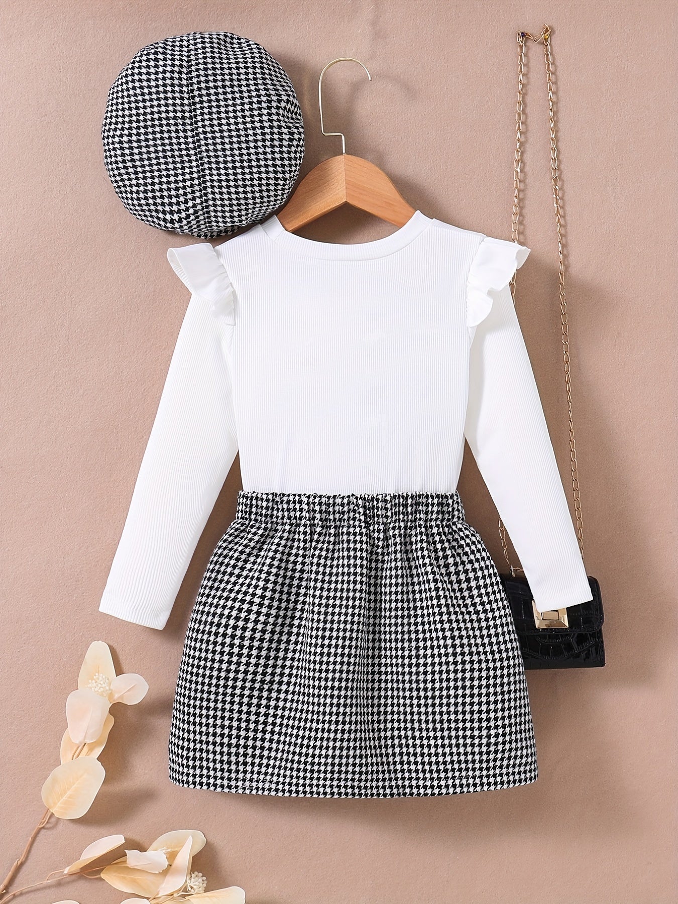 Girls 3pcs Ribbed Top Skirt & Hat Set Houndstooth Print Ruffle Top Kids Clothes