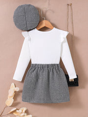 Girls 3pcs Ribbed Top Skirt & Hat Set Houndstooth Print Ruffle Top Kids Clothes