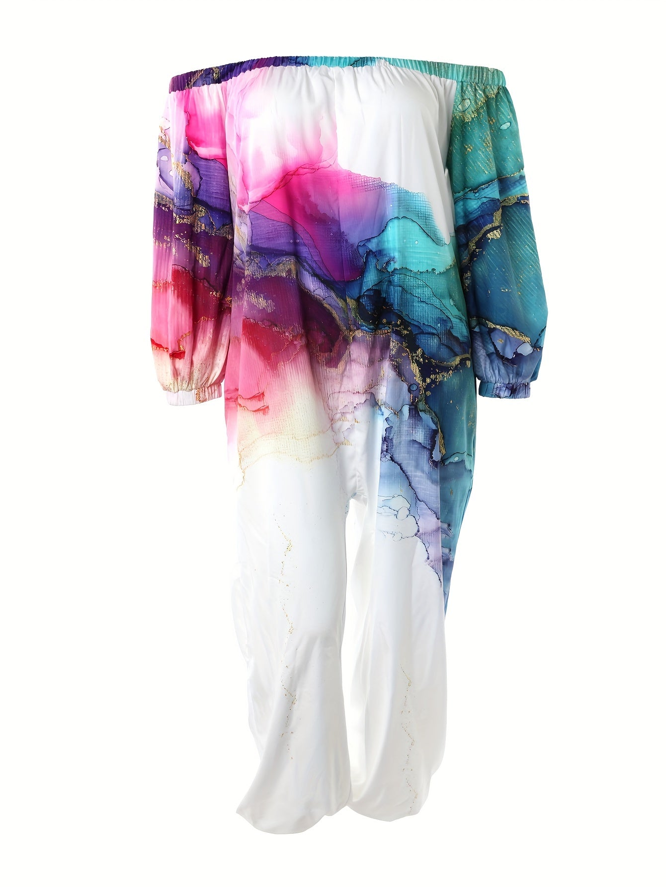 Marble Print Off Shoulder Lantern Sleeve Jumpsuit