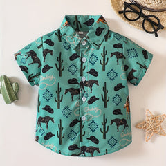 Boys Western Cowboy Farm Print Shirt Short Sleeve Tee Top