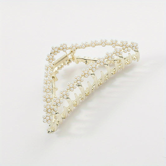 Triangle Shape Hair Claw Faux Pearl Rhinestone Ponytail Holder