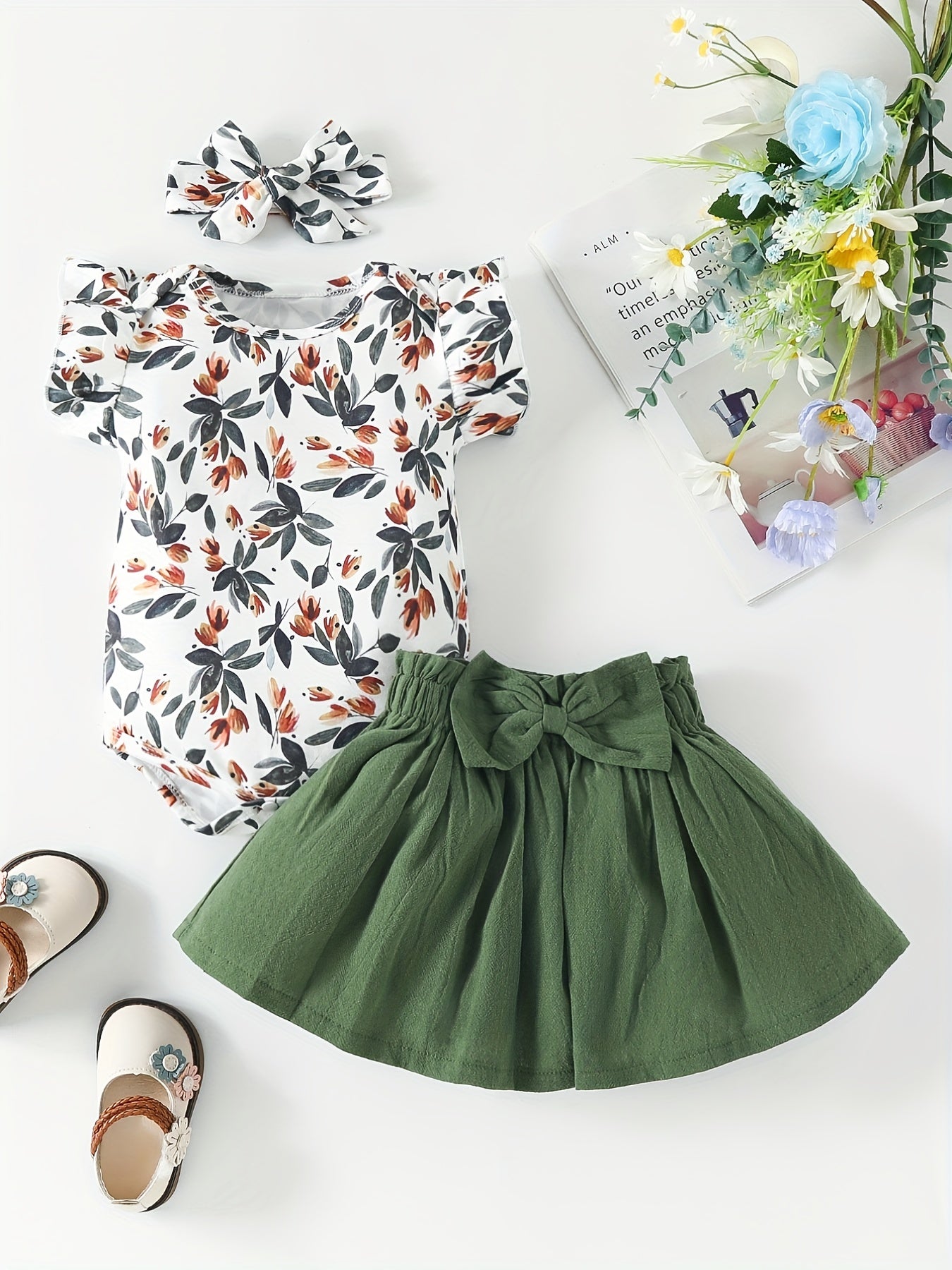 Baby Girl's Casual 3pc Set Leaf Sleeveless Romper Elastic Pants Headscarf