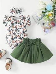 Baby Girl's Casual 3pc Set Leaf Sleeveless Romper Elastic Pants Headscarf