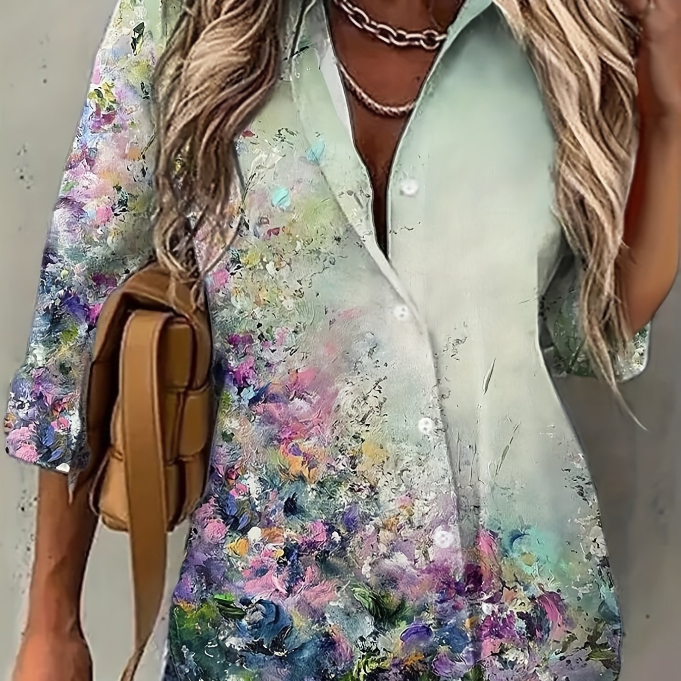 Women's Plus Floral Print Button Up Blouse