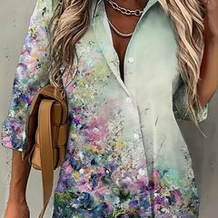 Women's Plus Floral Print Button Up Blouse