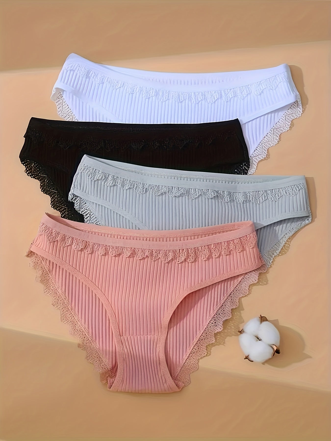 4pcs Lace Ribbed Briefs Women's Lingerie Panties